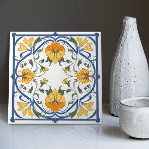 Modern Azulejo Blue Gult Portugisiska Lissabon Kakelplatta