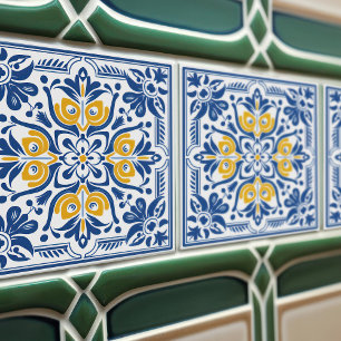 Modern Azulejo Blue Gult Portugisiska Lissabon Kakelplatta