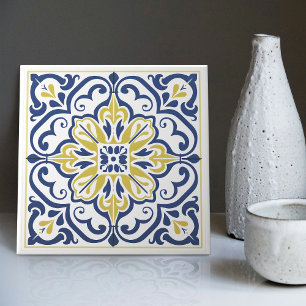 Modern Azulejo Blue Gult Portugisiska Lissabon Kakelplatta