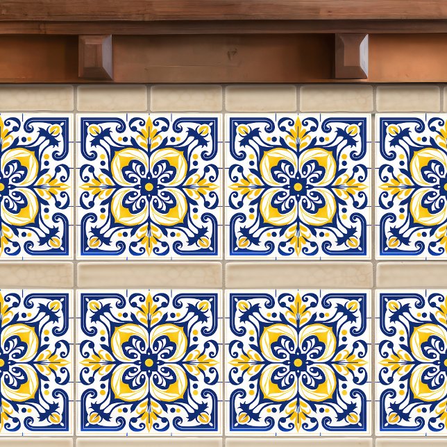 Modern Azulejo Blue Gult Portugisiska Lissabon Kakelplatta (Skapare uppladdad)