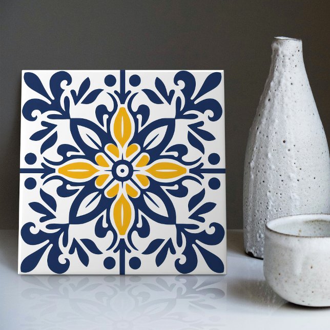 Modern Azulejo Blue Gult Portugisiska Lissabon Kakelplatta (Skapare uppladdad)
