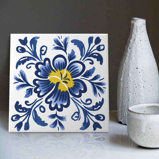 Modern Azulejo Blue Gult Portugisiska Lissabon Kakelplatta (Skapare uppladdad)