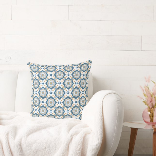 Modern Azulejo Blue Gult Portugisiska Mönster Kudde (Soffa)