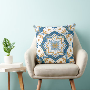 Modern Azulejo Blue Gult Portugisiska Mönster Kudde