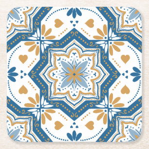 Modern Azulejo Blue Gult Portugisiska Mönster Underlägg Papper Kvadrat