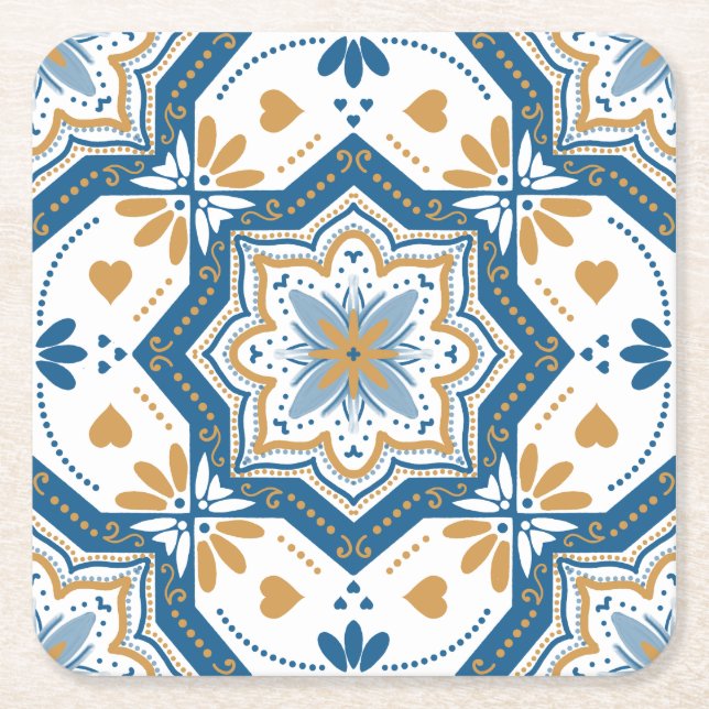 Modern Azulejo Blue Gult Portugisiska Mönster Underlägg Papper Kvadrat (Framsidan)