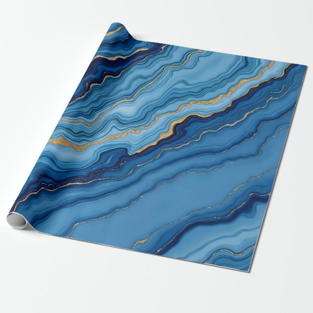 Modern Azure Blue Guld Marble Collection Presentpapper (Utrullad)