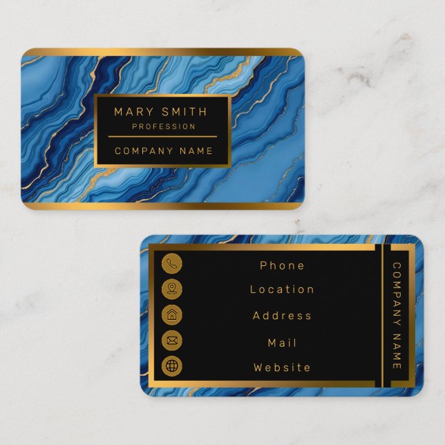 Modern Azure Blue Guld Marble Collection Visitkort (Fram/baksida)