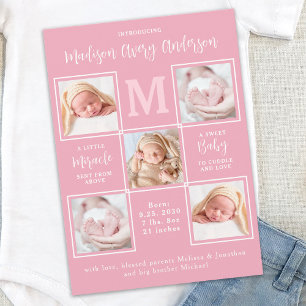 Modern Baby 5 Photo Collage Newborn Rosa Birth Meddelande