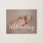 Modern Baby Birth Photo Notice Pussel<br><div class="desc">Roligt och förtjusande puzzel för nyhet med en söt modern kalligrafi.</div>