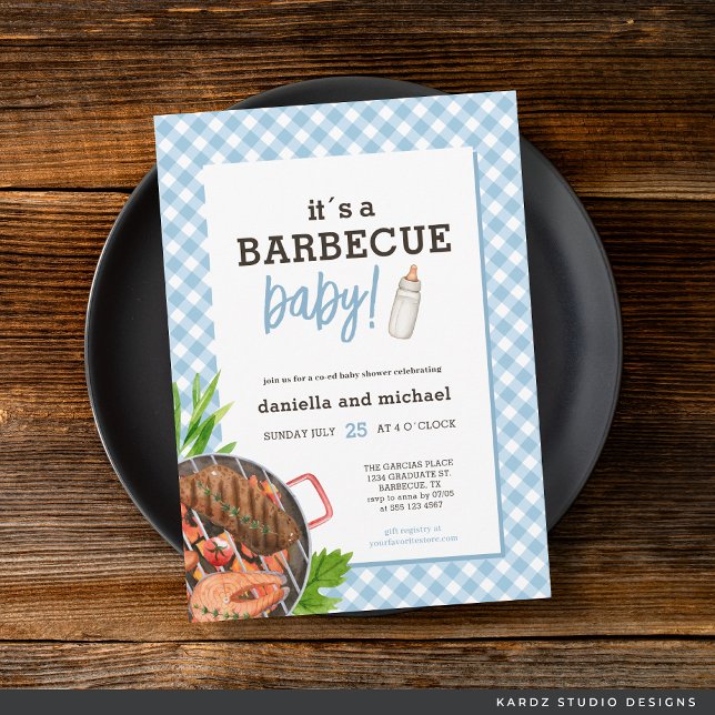 Modern Baby Blue Gingham Grillfest Baby Shower Inbjudningar (Invite shown in 5 x 7 inches, choose size, paper and corner style. Buy print or digital invitations.)