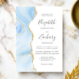 Modern Baby Blue Guld Agat Bröllop Inbjudningar