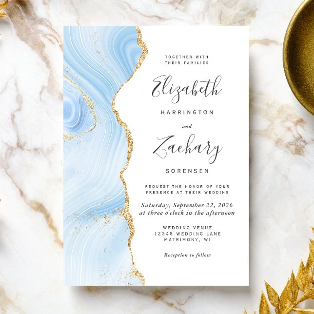 Modern Baby Blue Guld Agat Bröllop Inbjudningar (The perfect choice for a baby blue and gold themed wedding.)