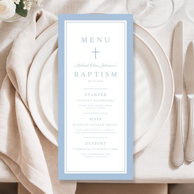 Modern Baby Blue Kors Pojke Dop Meny (Modern Baby Blue Cross Boy Baptism Menu)