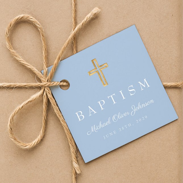 Modern Baby blue Religiösa Kor Boy Baptism Gåvor Etiketter (Modern Baby Blue Religious Cross Boy Baptism Favor Tags)