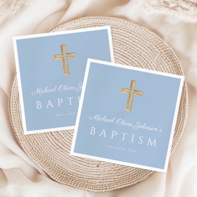 Modern Baby blue Religiösa Kor Boy Baptism Pappersservett (Modern Baby Blue Religious Cross Boy Baptism Napkins)
