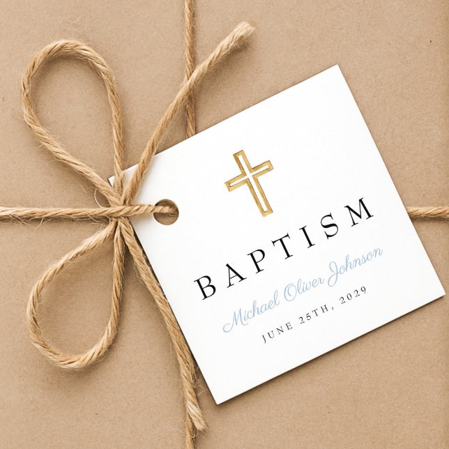 Modern Baby Blue Script Religiöst Pojkbarnsdop  Gåvor Etiketter (Modern Baby Blue Script Religious Boy Baptism Favor Tags)