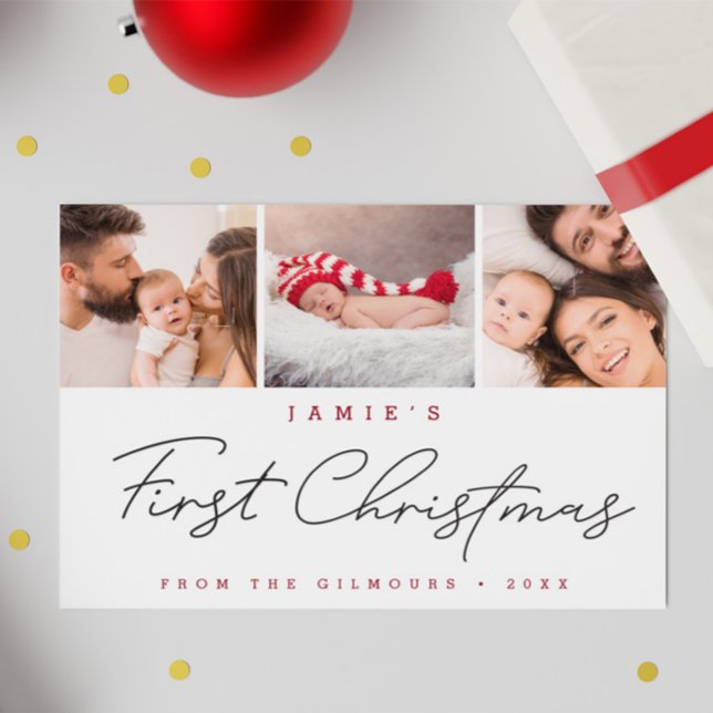 Modern Baby första julen Anpassningsbar 3 Foton (Baby's first christmas photo holiday card.)