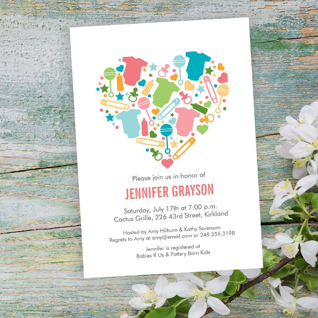 Modern Baby Heart Rosa Aqua Gult Baby Shower Inbjudningar (Skapare uppladdad)