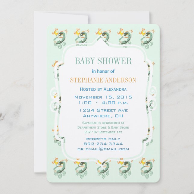 Modern Baby Kön Neutral Baby Buggy Shower Inbjudningar (Framsida)
