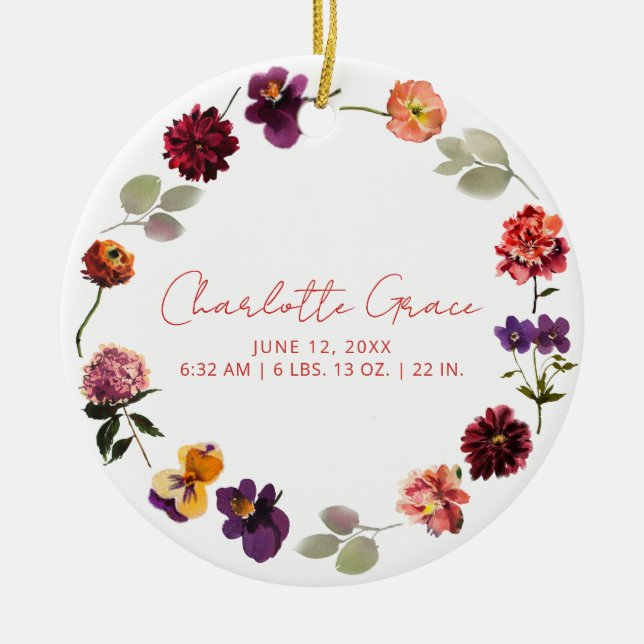 Modern Baby Photo Birth Stats Boho Rustic Blommigt Julgransprydnad Keramik (Framsidan)