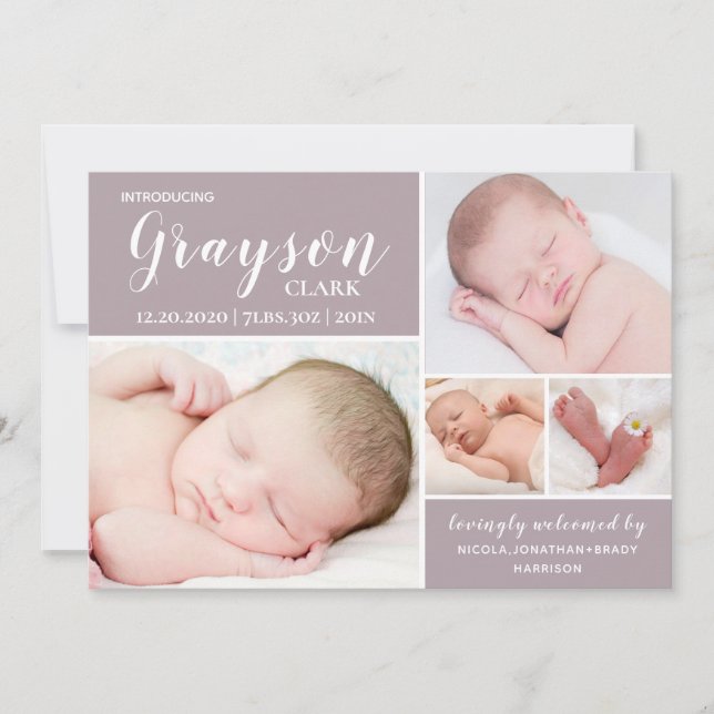 Modern Baby Photo Collage Dusty Lila Birth Meddelande (Framsida)