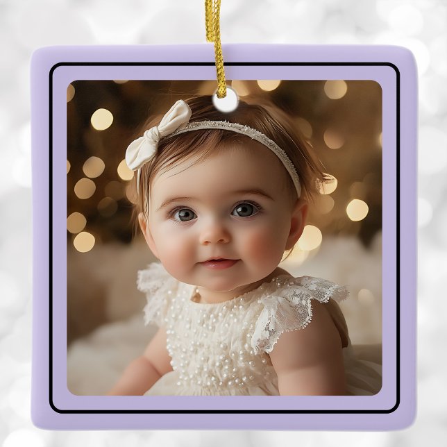 Modern Baby Photo Jul-Lila-skript Namn Julgransprydnad Keramik (Modern Baby Photo Christmas Purple Script Name Ceramic Ornament)