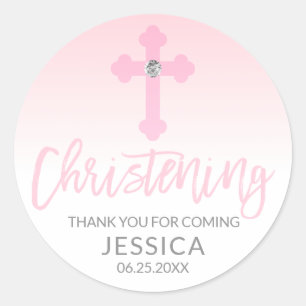 Modern Baby Pink Cross Christening Girl Tack Runt Klistermärke