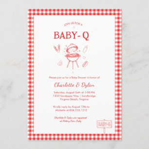 Modern Baby-Q Grillfest Röd Rutig Babyfirande Inbjudningar