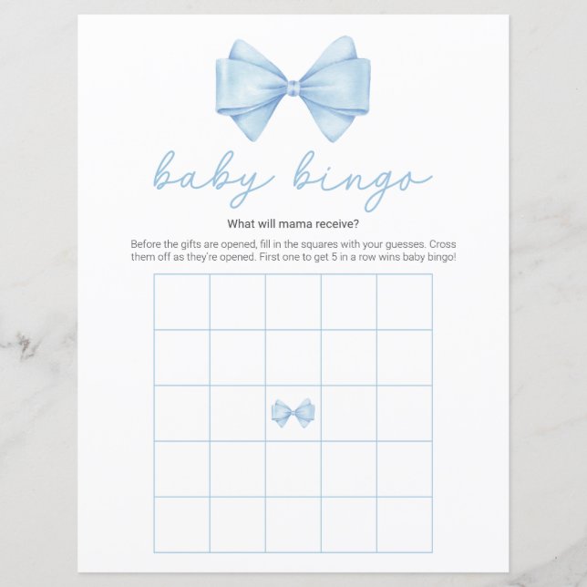Modern baby shower-bingospel med blå slinga (Framsida)