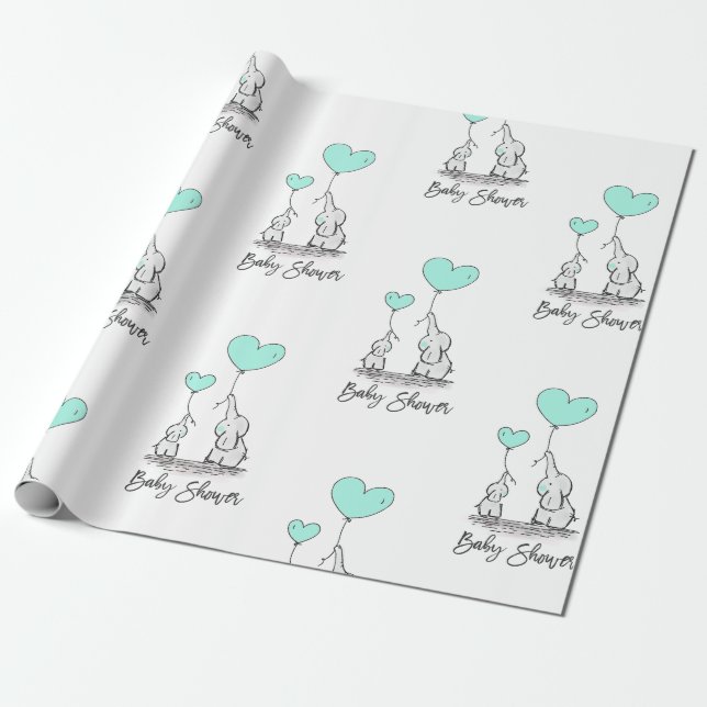 Modern BABY SHOWER Elephant MINT & Grått Gift Presentpapper (Utrullad)