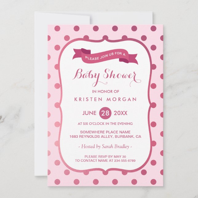 Modern Baby Shower Girly Magenta Rosa Polka dots Inbjudningar (Framsida)