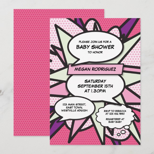Modern Baby Shower Rosa Flicka Serietidning Inbjudningar (Fram/baksida)