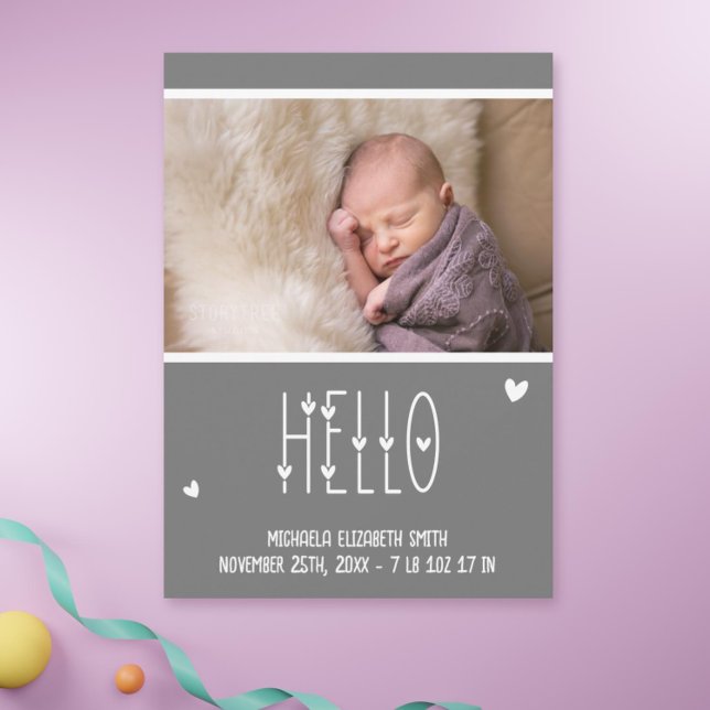 Modern Baby Typography Photo Birth Meddelande (Hello photo baby announcement)