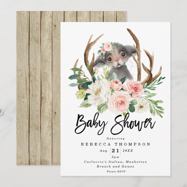 Modern babydusch för den roliga blommigten inbjudningar (Fram/baksida)
