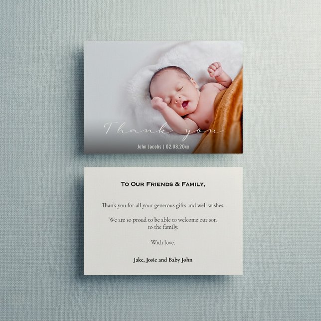 Modern babydusch, pojke, tack. inbjudningar (Modern baby shower, baby boy, thank you card with message and full cover photo.)