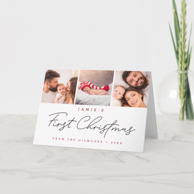 Modern Baby's First Christmas Custom 3 Photos Helgkort (Framsida)