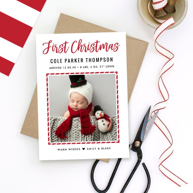 Modern Babys First jul Red Rand Photo Julkort (Skapare uppladdad)