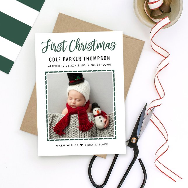 Modern Babys Första julafton Grönt Rand Photo Julkort (Skapare uppladdad)