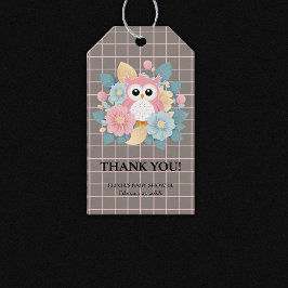 Modern babystövel för Rosa Uggla Blommigt och rutn Presentetikett