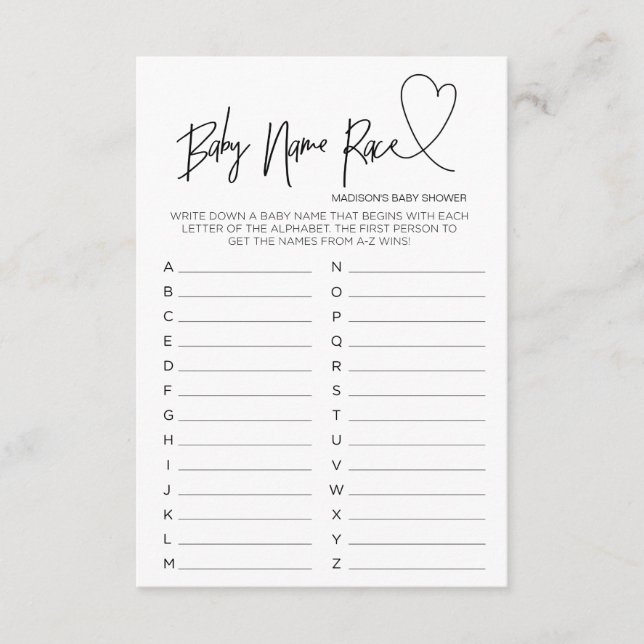 Modern babyvisare Heart Card Baby Namn Tävling Tilläggskort (Framsida)
