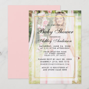 Modern babyvisningsbild Guld Rosa Overlay Photo Inbjudningar