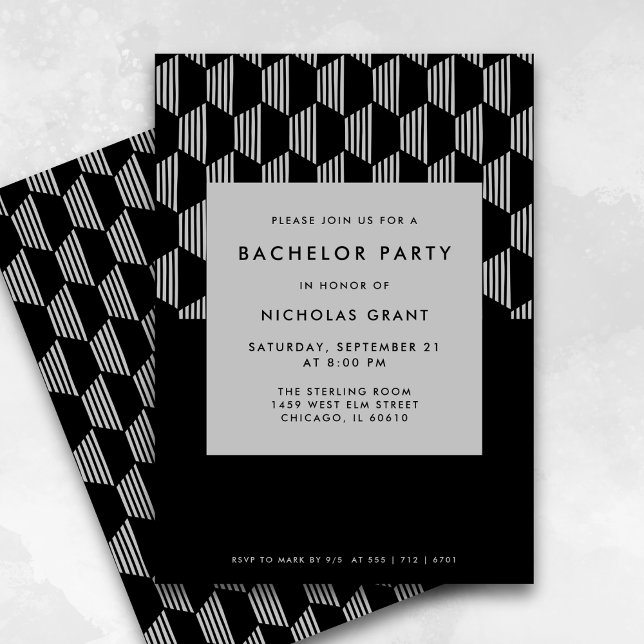 Modern Bachelor Party Minimal Black Silver Inbjudningar (Fully editable.)