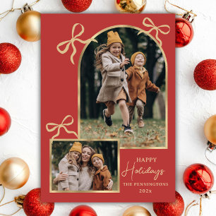 Modern Bågar God Jul Båge 3 Familjefoto Röd Julkort