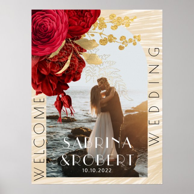 Modern båge foto burgunder röd blomster välkomst b poster (Framsidan)