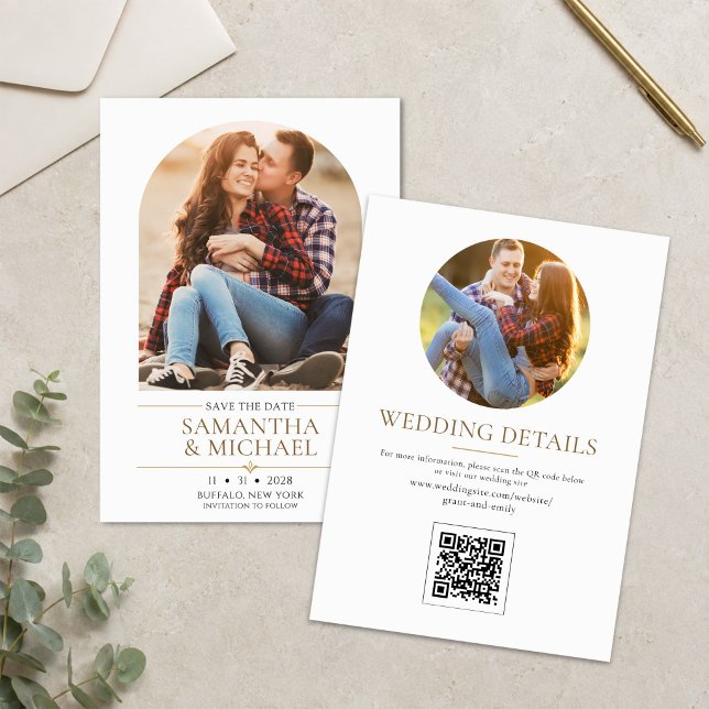 Modern Båge Foto QR-kod Bröllop Spara Datum Datumet (Elegant arch photo save the date with modern gold details and personalized text.)