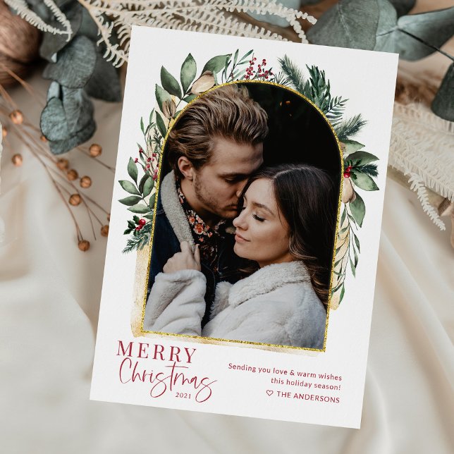 Modern båge grönska guld God Jul 1 Foto Julkort (Skapare uppladdad)