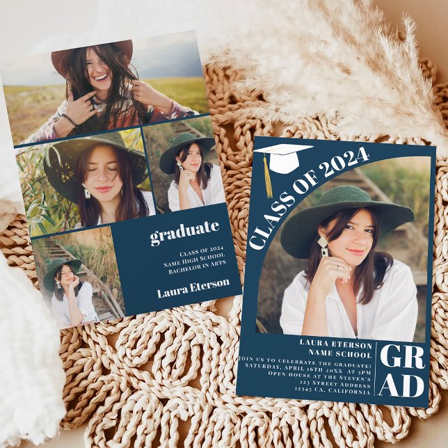 Modern båge marinblå 5 bilder examen inbjudningar (Modern arch navy blue 5 photos graduation invitation)