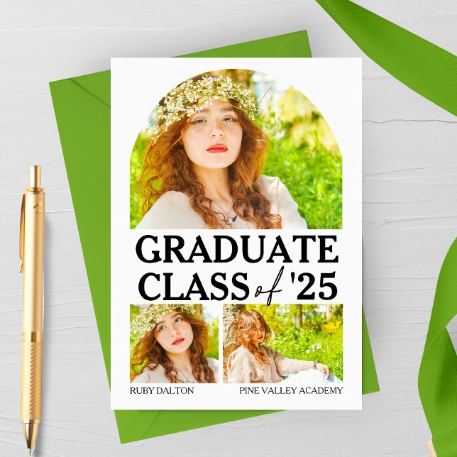 Modern bågformad fönster-utexamineringskort meddelande (Arched Window Modern Graduation Announcement Card | 4 Photos )