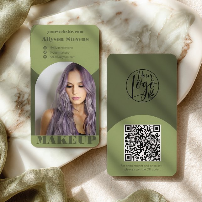 Modern bågmakeup grön foto qr-kod logotyp visitkort (Modern arch makeup green photo qr code logo business card)